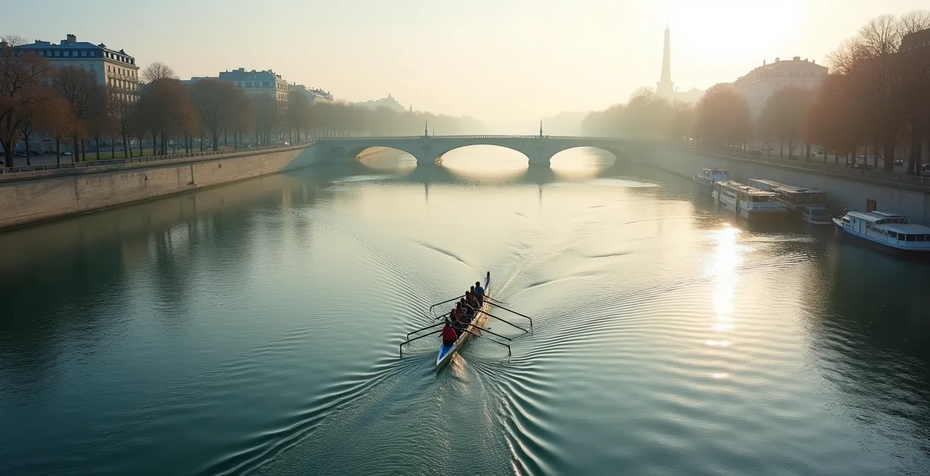 Équipe pagayant en dragon boat sur la Seine