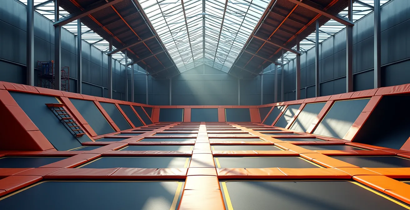 Vue large d'un parc de trampoline montrant différentes zones d'activité adaptées à tous les âges