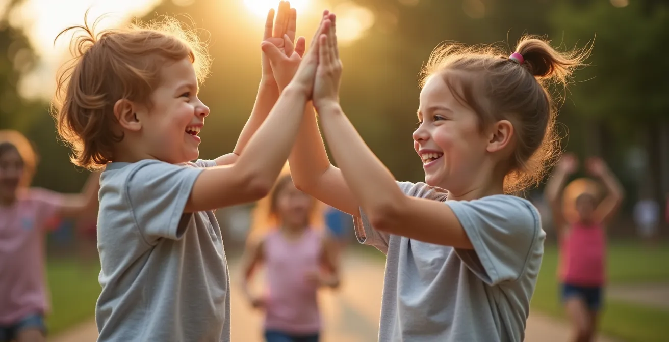 Un enfant et un parent se félicitant après un saut réussi, moment de complicité intergénérationnelle