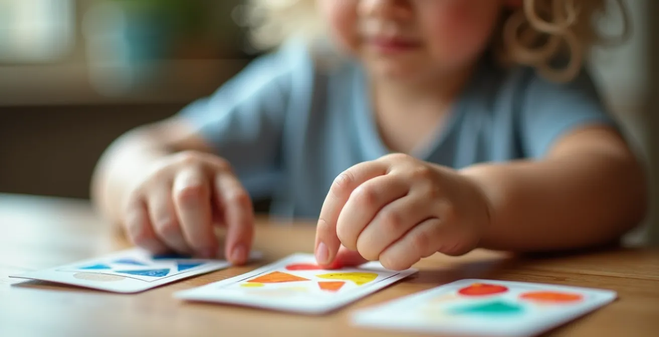 Main d'enfant tenant des cartes illustrées représentant différentes activités