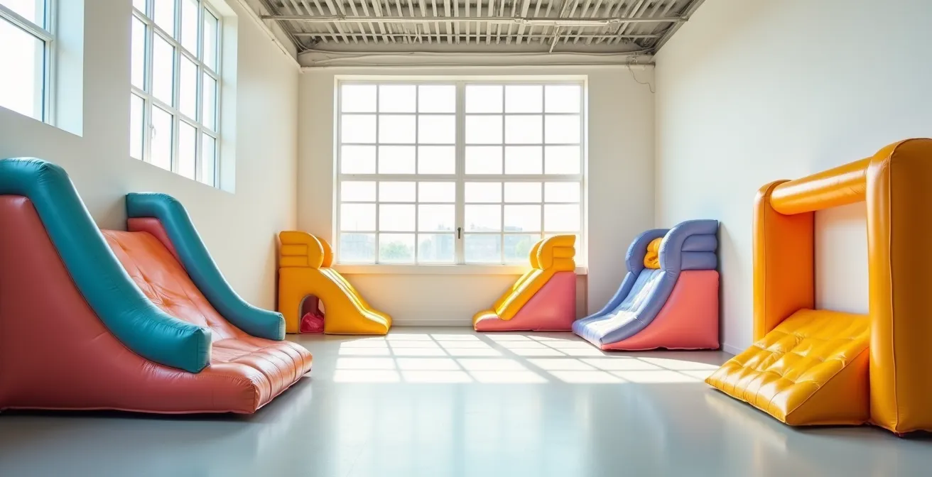 Vue d'ensemble d'un espace de jeux intérieur coloré avec structures gonflables