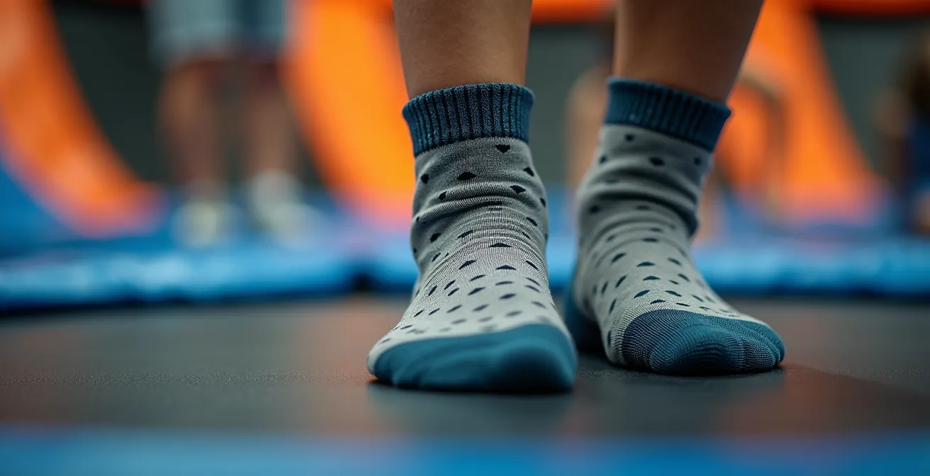Gros plan sur des mains de différents âges enfilant des chaussettes antidérapantes colorées