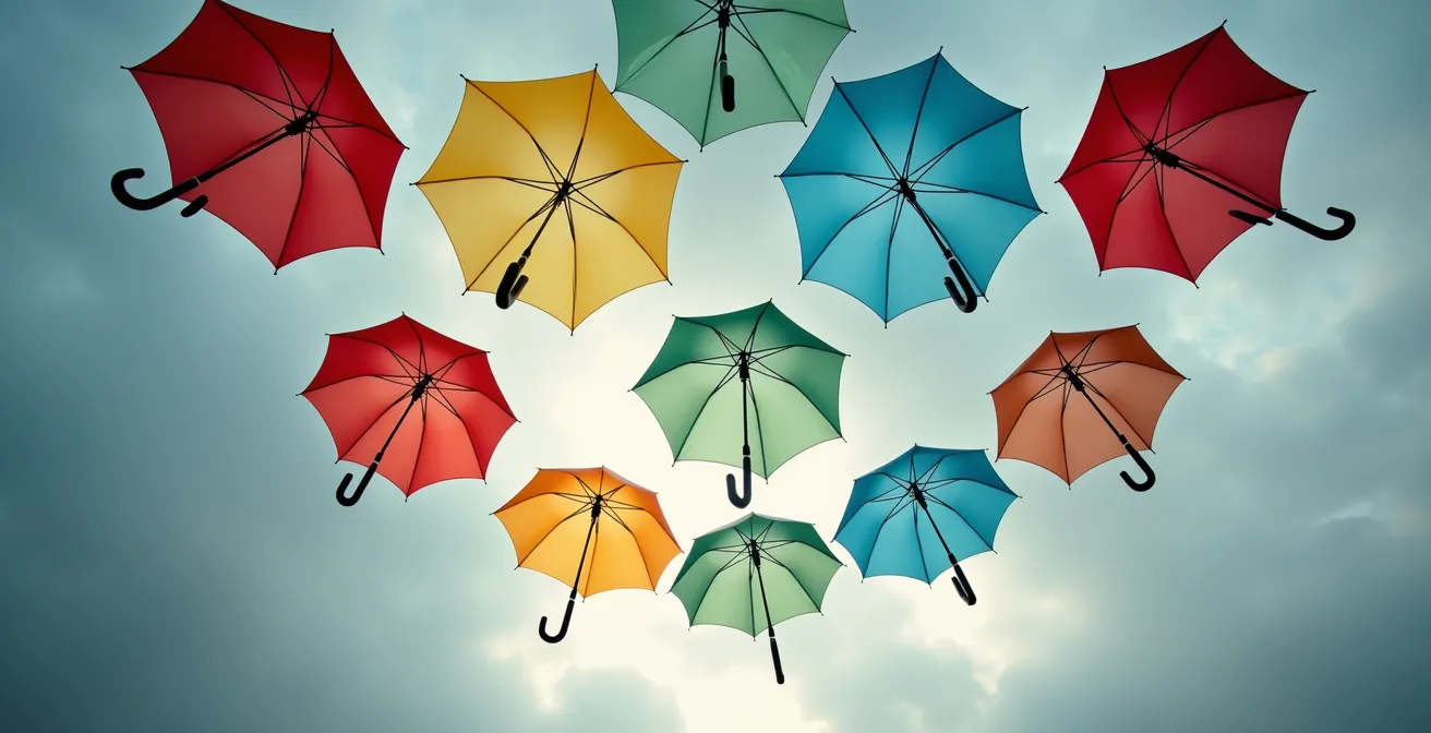 Parapluies colorés suspendus formant un arc-en-ciel contre un ciel nuageux