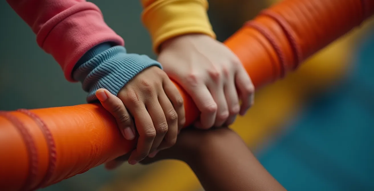 Groupe d'enfants s'entraidant pour réaliser une figure sur un trampoline