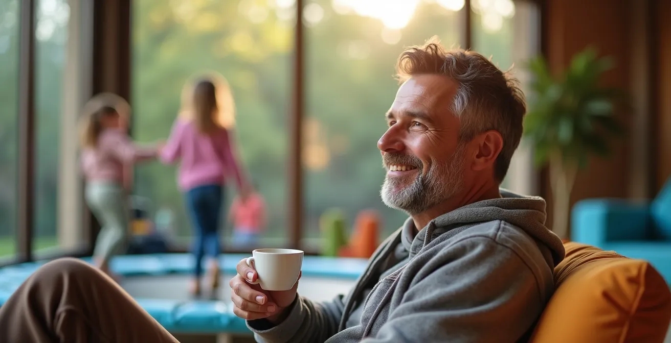 Parent détendu assis confortablement observant des enfants jouer sur des trampolines