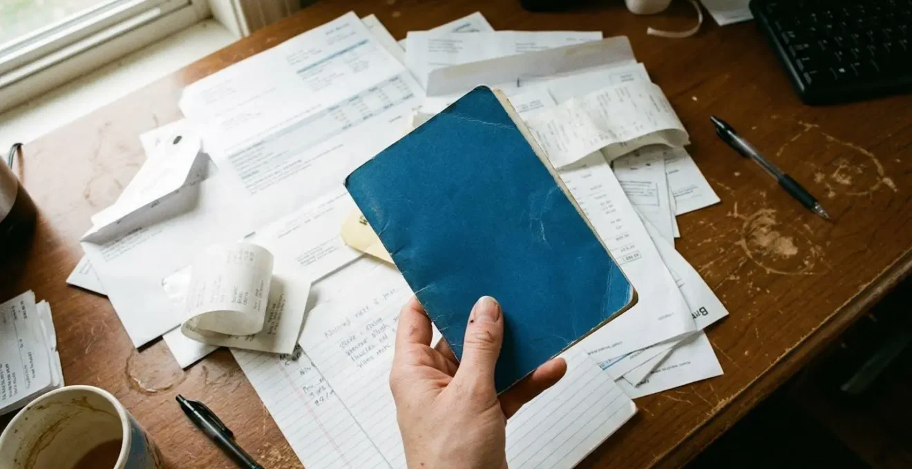 Vue plongeante sur un bureau encombré avec des factures et documents éparpillés, une main tenant un livret de famille bleu au premier plan