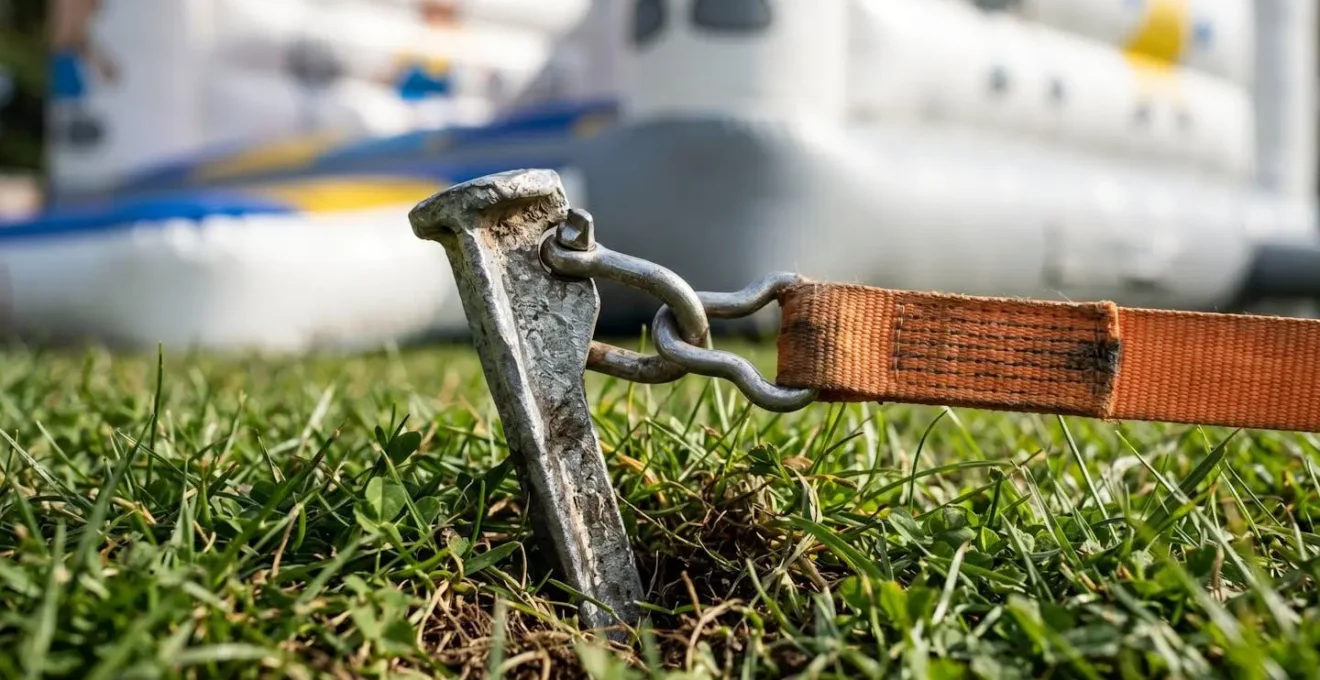 Gros plan sur un piquet d'ancrage métallique enfoncé dans un sol herbeux, avec sangle de fixation tendue reliée à la base d'une structure gonflable visible en arrière-plan flouté