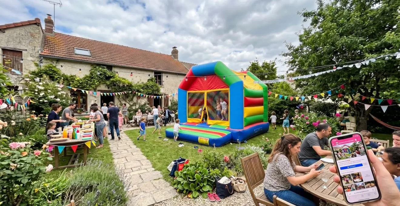 Vue grand angle d'un jardin résidentiel français aménagé pour une fête, avec château gonflable coloré au centre, guirlandes décoratives, tables de fête en arrière-plan et ciel partiellement nuageux