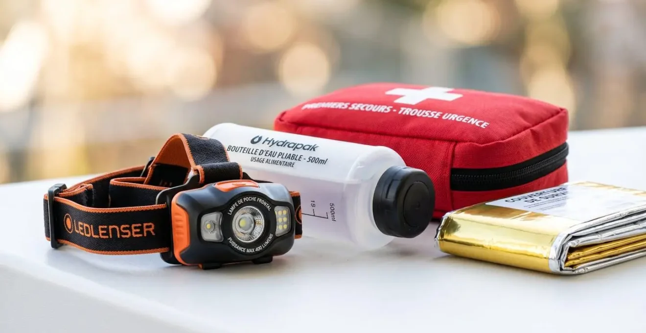 Gros plan sur le contenu organisé d'un sac d'évacuation montrant une lampe frontale, une gourde, une trousse de premiers secours et une couverture de survie pliée sur une surface blanche moderne