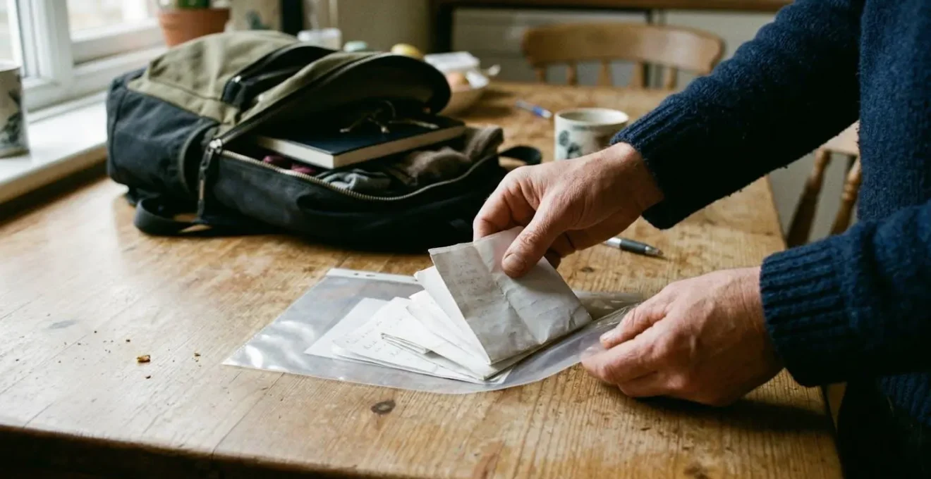 Mains d'une personne rangeant des documents administratifs dans une pochette plastique transparente, avec un sac à dos entrouvert visible en arrière-plan sur une table de cuisine