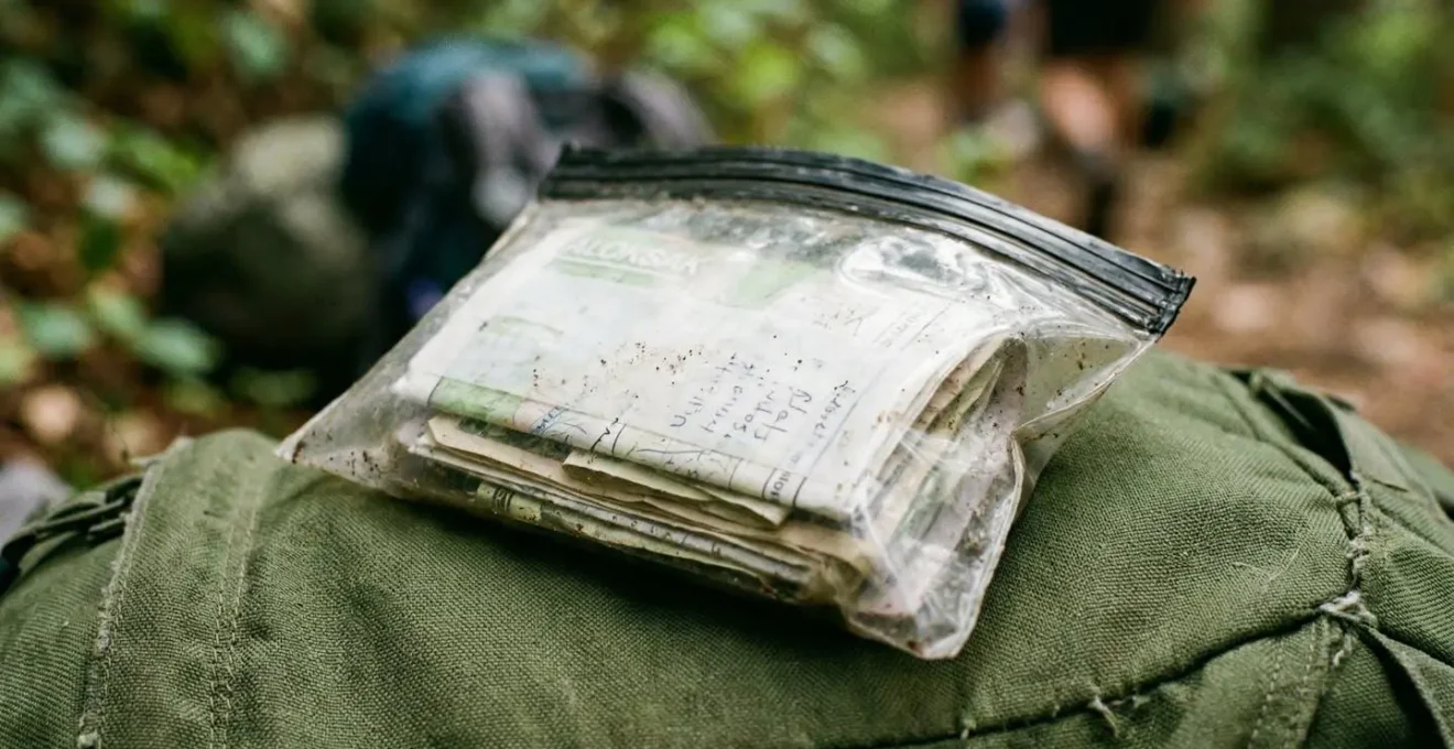 Gros plan sur une pochette étanche transparente contenant des documents pliés, posée sur le tissu d'un sac à dos de randonnée vert