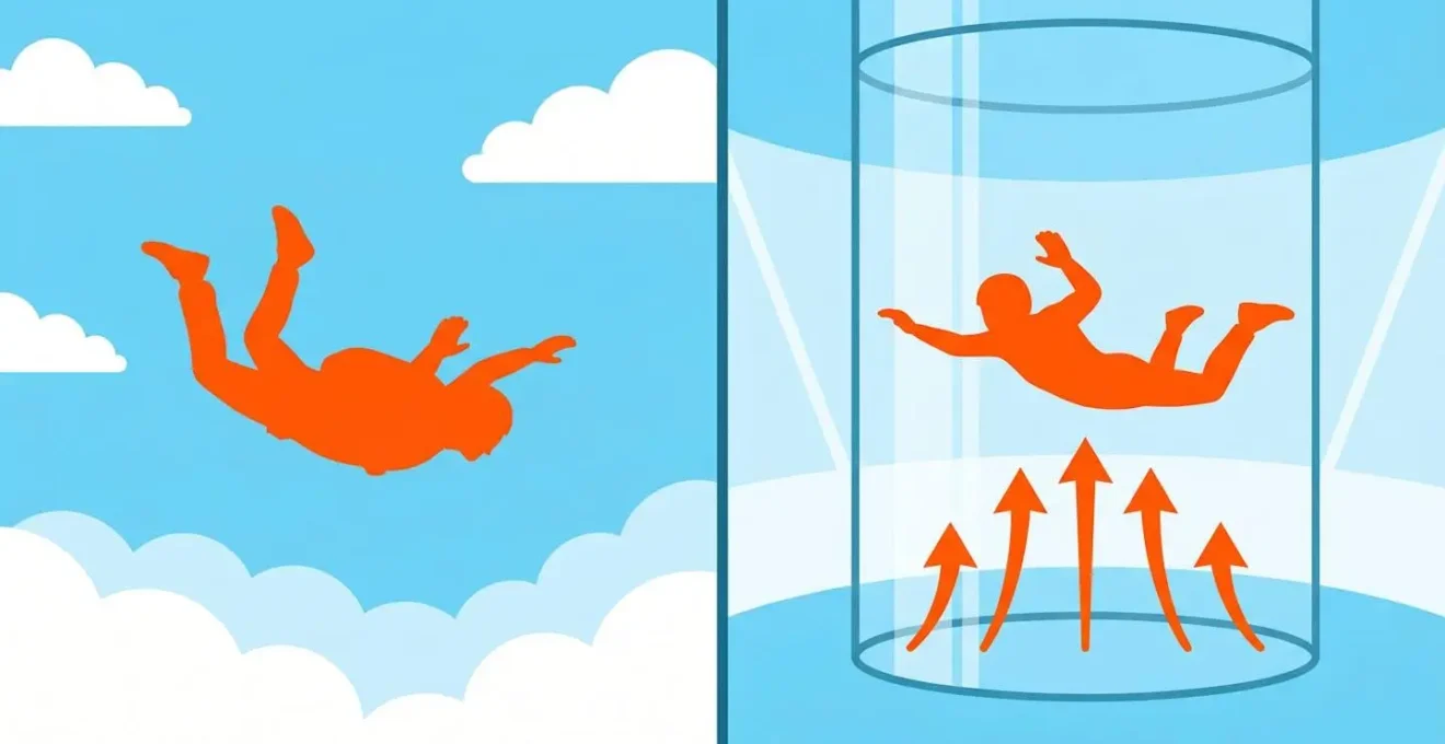 Comparaison visuelle entre un saut en parachute réel et un vol en soufflerie indoor.