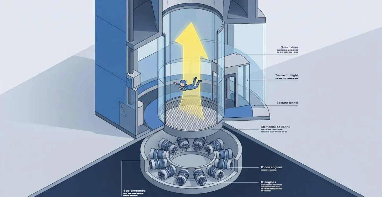 Schéma en coupe d'une soufflerie verticale montrant les moteurs et le flux d'air ascendant.