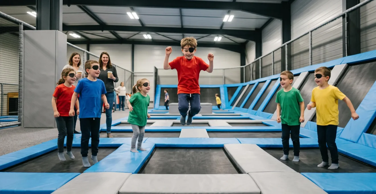 Des enfants déguisés sautent sur les trampolines d'un parc couvert pendant un anniversaire à thème.