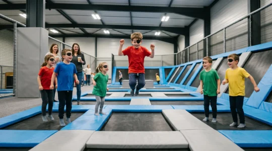 Des enfants déguisés sautent sur les trampolines d'un parc couvert pendant un anniversaire à thème.