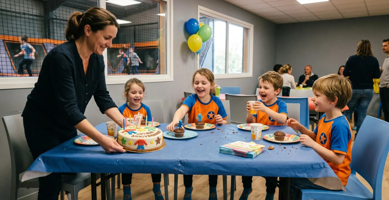Des enfants attablés autour d'un goûter pendant la pause d'un anniversaire dans la salle d'un parc de trampoline.