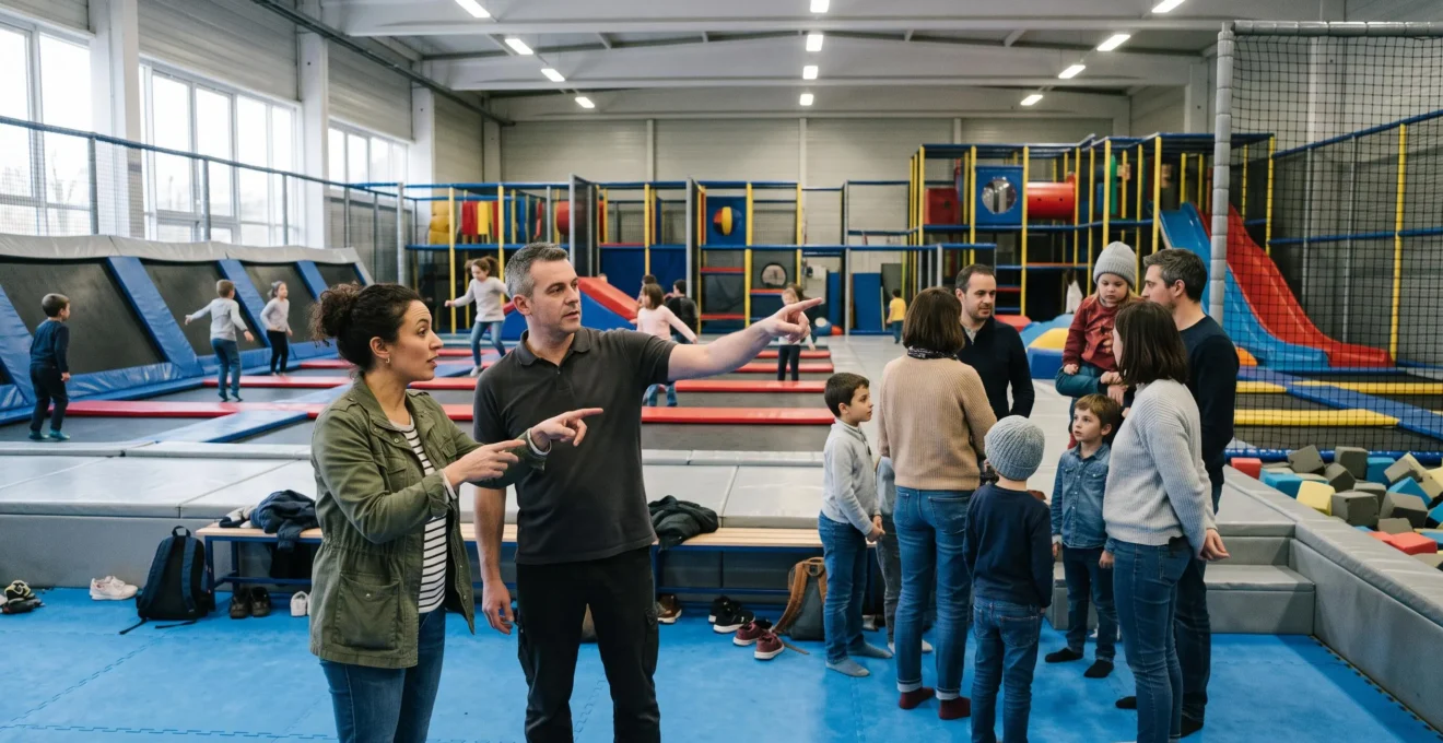Un groupe d'adultes et d'enfants échange avec un membre du personnel dans un parc de loisirs indoor avant une activité de groupe.