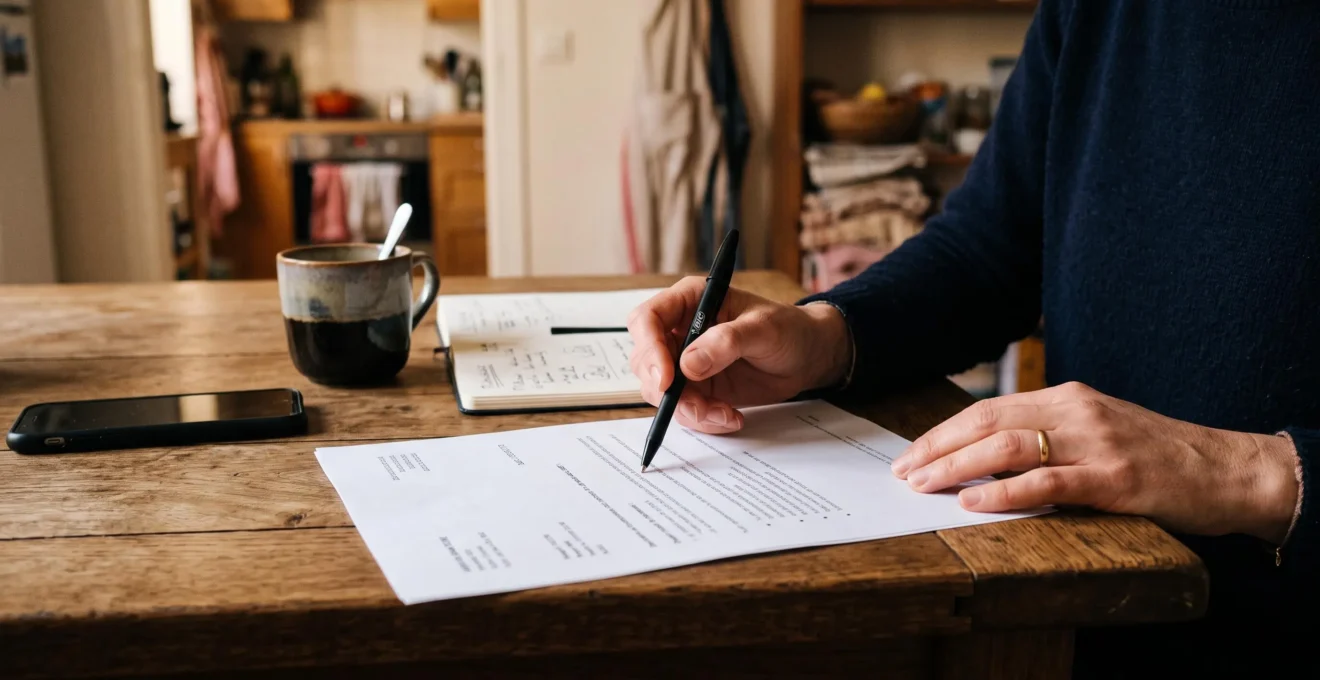 Une personne relit un devis de réservation pour un groupe posé sur une table, un stylo à la main.