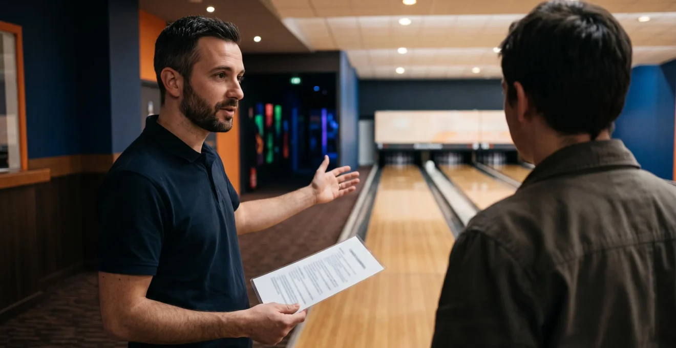 Un responsable de lieu de loisirs présente une salle de bowling vide à un visiteur lors d'une visite avant privatisation.