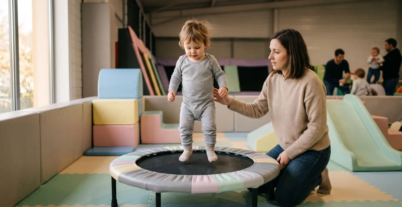 Un tout-petit rebondit sur un mini trampoline dans l'espace des petits d'un parc couvert, sa mère agenouillée à côté.